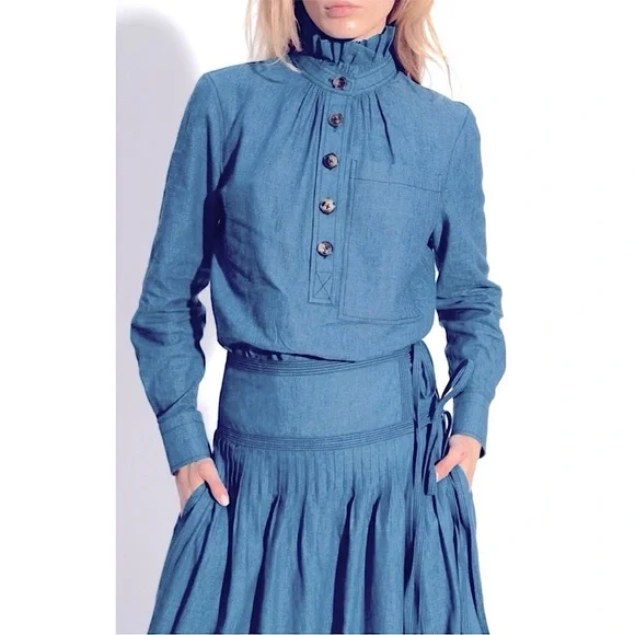 TORY BURCH Linen Cotton Chambray Ruffle High Neck Long Sleeve Pocket Blouse 10‎ - Picture 6 of 11